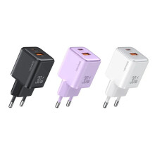(White) 30W 2-Port USB PD Charger - Black/White/Purple, EU Plug, Fast Charging, Compact Design, 100-240V Input