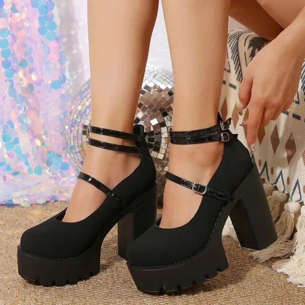 (black, 36) Pink Chunky Heeled Ankle Strap Pumps Sweet Platform Square Heel Woman High Heels Pumps Platform Shoes Spring Woman Shoes