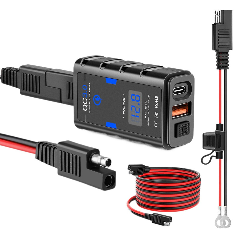 (Red) 6.8A Qc3.0 Waterproof Motorcycle Usb Charger - Dual Ports, Quick Charge, Led Voltmeter, Sae Extension Cord Included Red 1138392766606