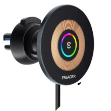 (B) 15W Magnetic Wireless Car Charger with RGB Lights, Type-C Cable, Ultra-Thin Design - Black