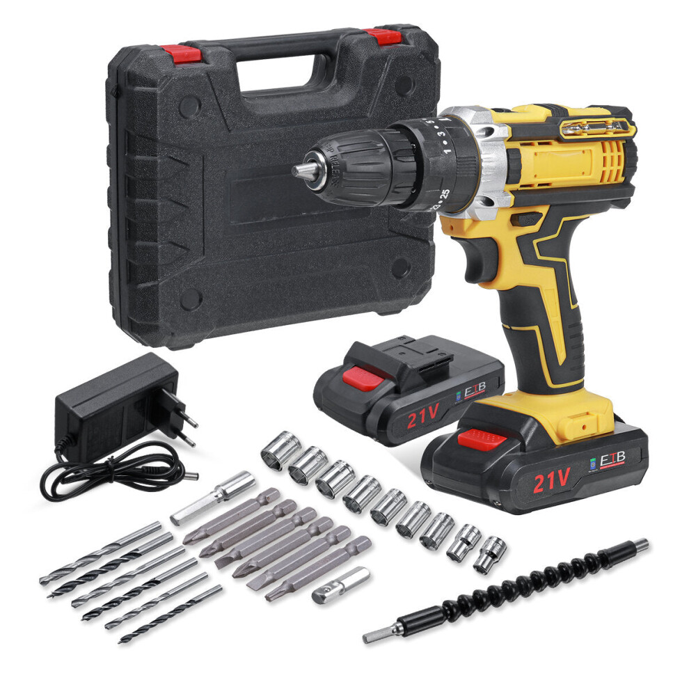 (One Battery, EU Plug) 18500mAh 10mm Cordless Impact Drill Rechargeable 2 Speeds LED Electric Drill W/ 1/2pcs Battery