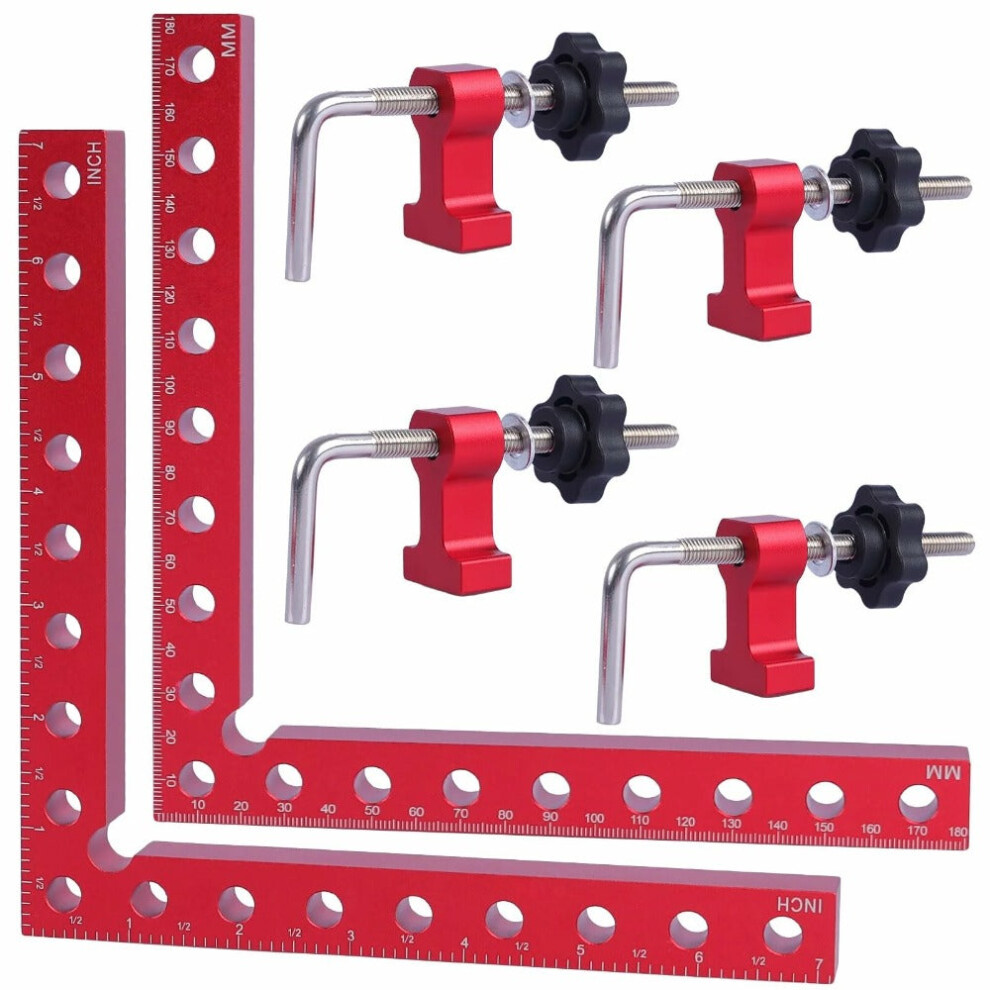 Woodworking Fixed Clip Square Ruler Set - Durable Aluminum Alloy, L-Type Design, Metric/Inch Scale, 2 Squares & 4 Clamp Hooks