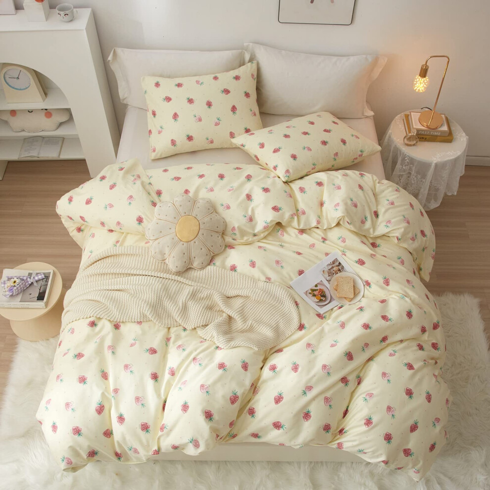 AOJIM Parure de lit 3 pi   ces en pur coton doux pour enfants, style japonais Kawaii, motif petites fraises, r   versible, pour filles