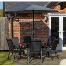 Outdoor 6-Person Rectangular Glass-Top Dining Table & Chairs with Grey Parasol & Base