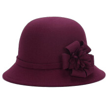 (Rouge)Vintage Women Imitation Woolen Solid Color Flower Decor Bucket Hat Bowler Cap (Chapeau melon)