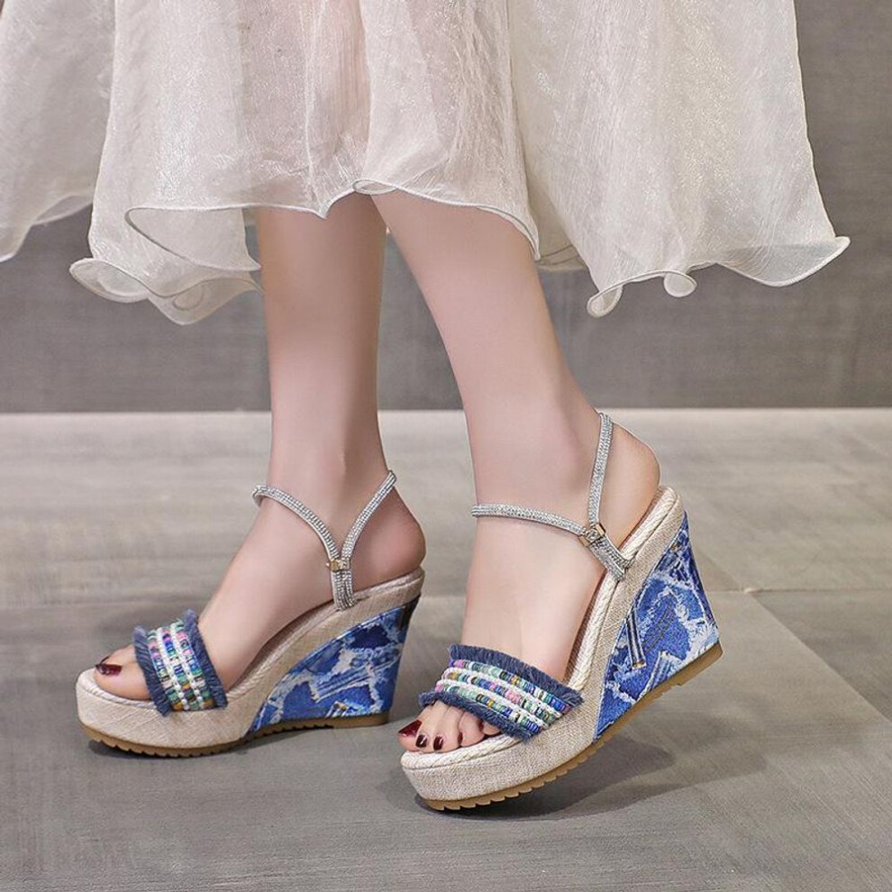 (blue, 38) Bohemian Platform Sandals for Women Comfortable Summer Beach Sandals, Thick Sole Open Toe Slip-On Shoes for Vacation and Everyday Wear