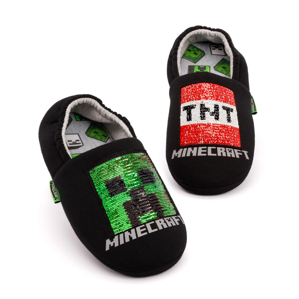 (12 UK Child) Minecraft Slip On Loafer Slippers (Boys Black)