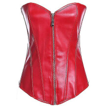 (L,rouge)Corset Bustier Top Women Vintage Style Zip Faux Leather Overbust Corset Leather Nightclub Sexy Korsett Lingerie Strapless