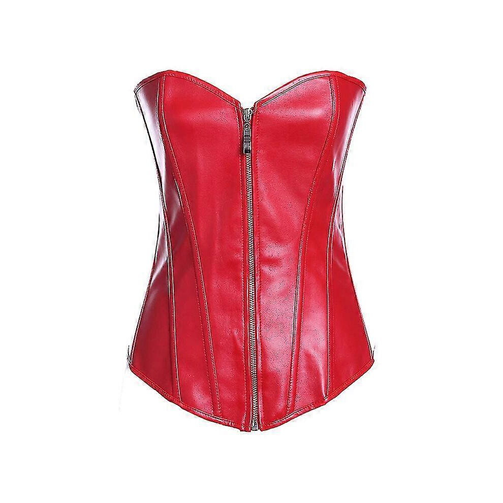(L,rouge)Corset Bustier Top Women Vintage Style Zip Faux Leather Overbust Corset Leather Nightclub Sexy Korsett Lingerie Strapless