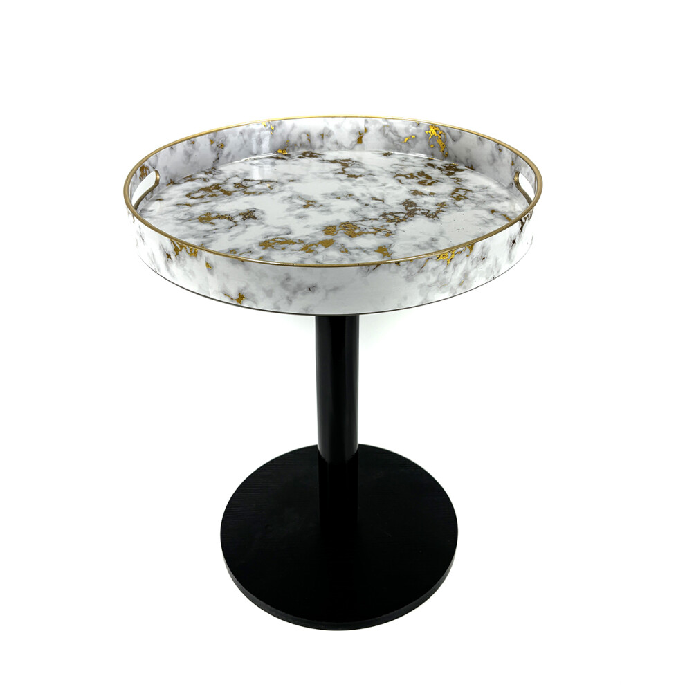 Round White Marble Look Side Table with Black Base