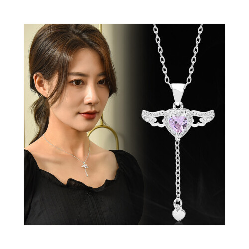 Minicremation Collana con urna a forma di cuore con ali d'angelo, in acciaio inox, per ceneri, da donna, con ciondolo commemorativo per ceneri umane, Acciaio inossidabile, Zirconia cubica
