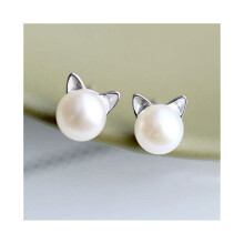 Hopeoitu söpö Korea Chic Pearl Cat Ear Kitten Head Ear Stud Party -korvakoru