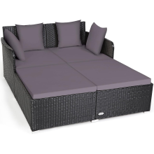 COSTWAY Outdoor Rattan Daybed, Patio Sofa Bed Sun Lounger Couch with Upholstered Cushions, Wicker Weave Loveseat Conver