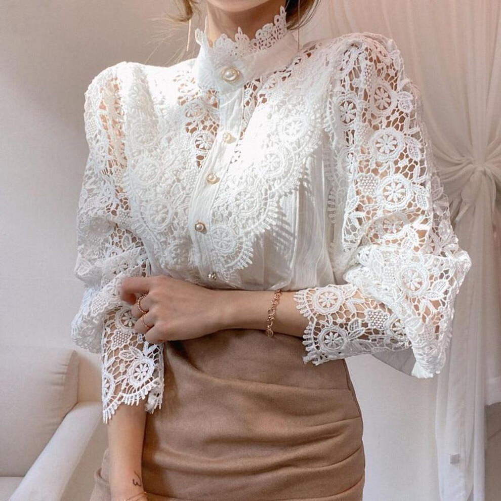 (XXXL, white) Fashion Vintage Loose Hollow Out Sexy Lace Blouses Women Tops Solid Stand Collar Crochet Floral Women White Shirts Long Sleeve Slim Casual Shirt 12928