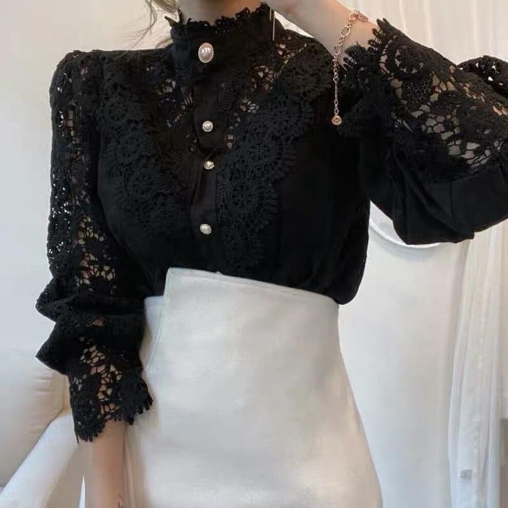 (XXL, black) Fashion Vintage Loose Hollow Out Sexy Lace Blouses Women Tops Solid Stand Collar Crochet Floral Women White Shirts Long Sleeve Slim Casual Shirt 12928