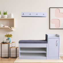 (LARGE) Shoe Racks Storage Bench with Wall-Mounted Coat Stand Set - White Shoe Storage Seat with Grey Cushion