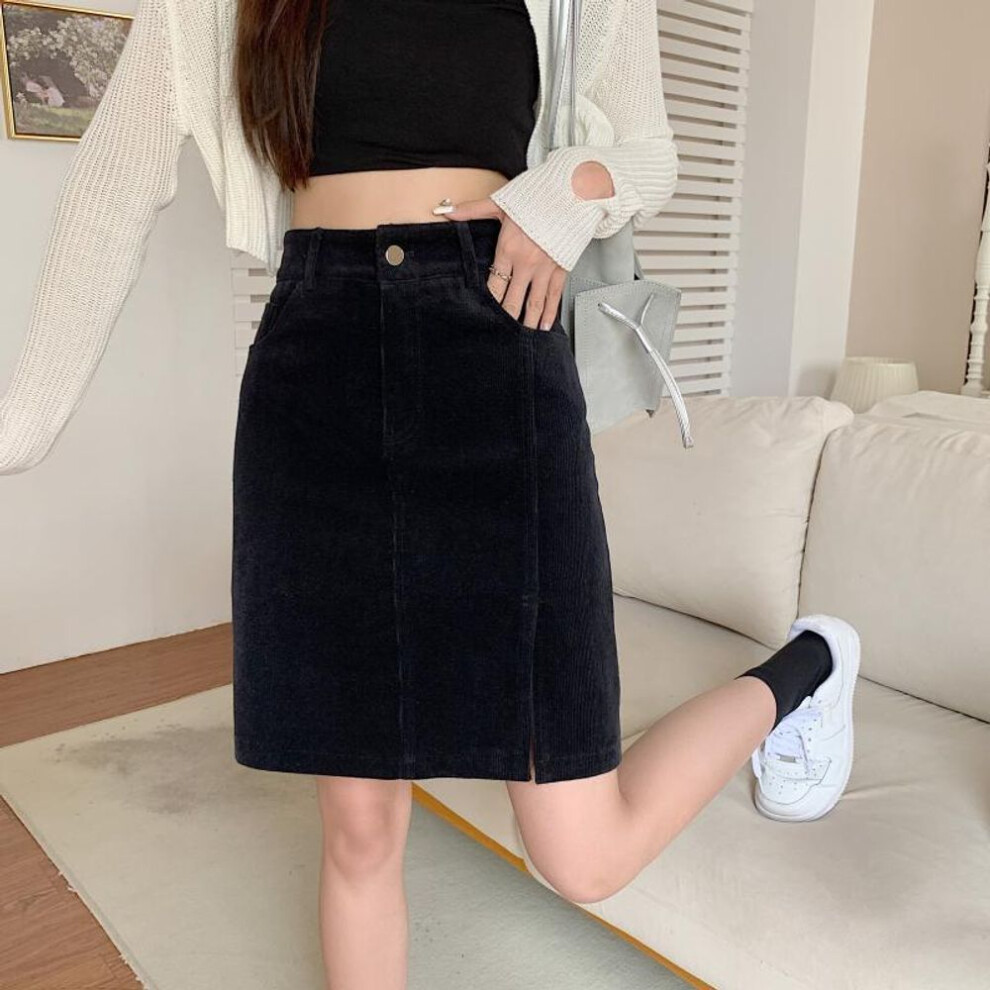 (XL, black) Women's High Waist A-Line Corduroy Skirt - Large, Mid-Length, Split Design for Autumn/Winter