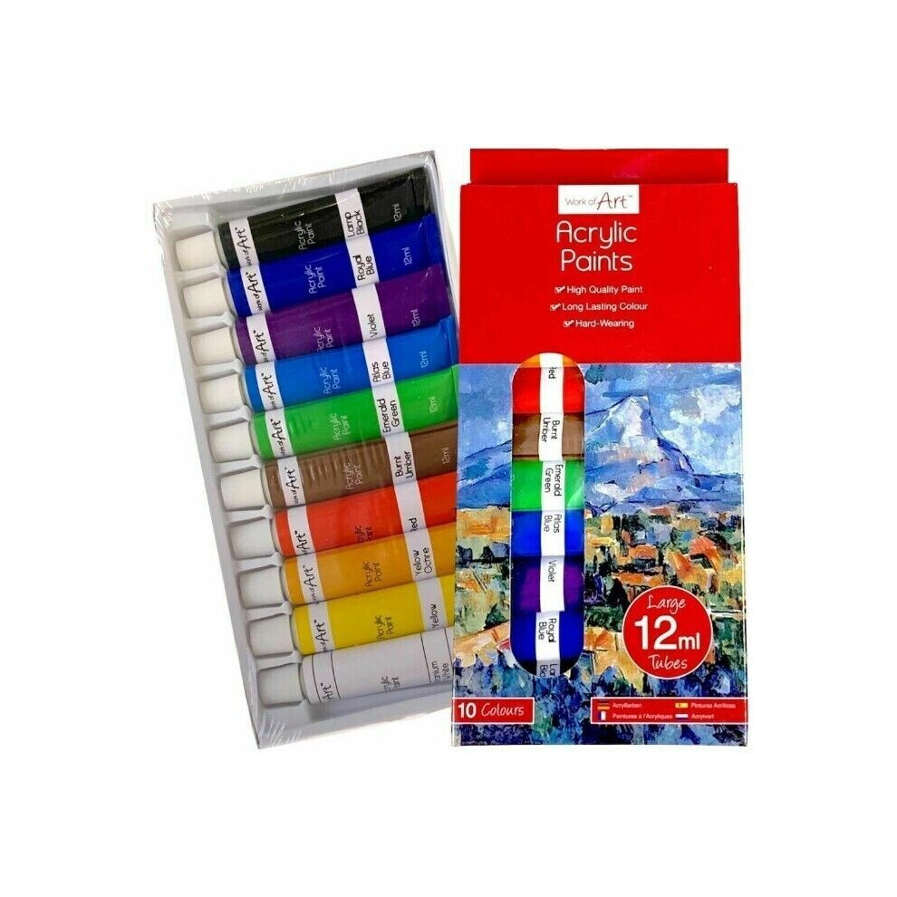 Acrylic Paint Set 12ml Tube 10 COLOURS Arts Crafts School Artist Painting Canvas
