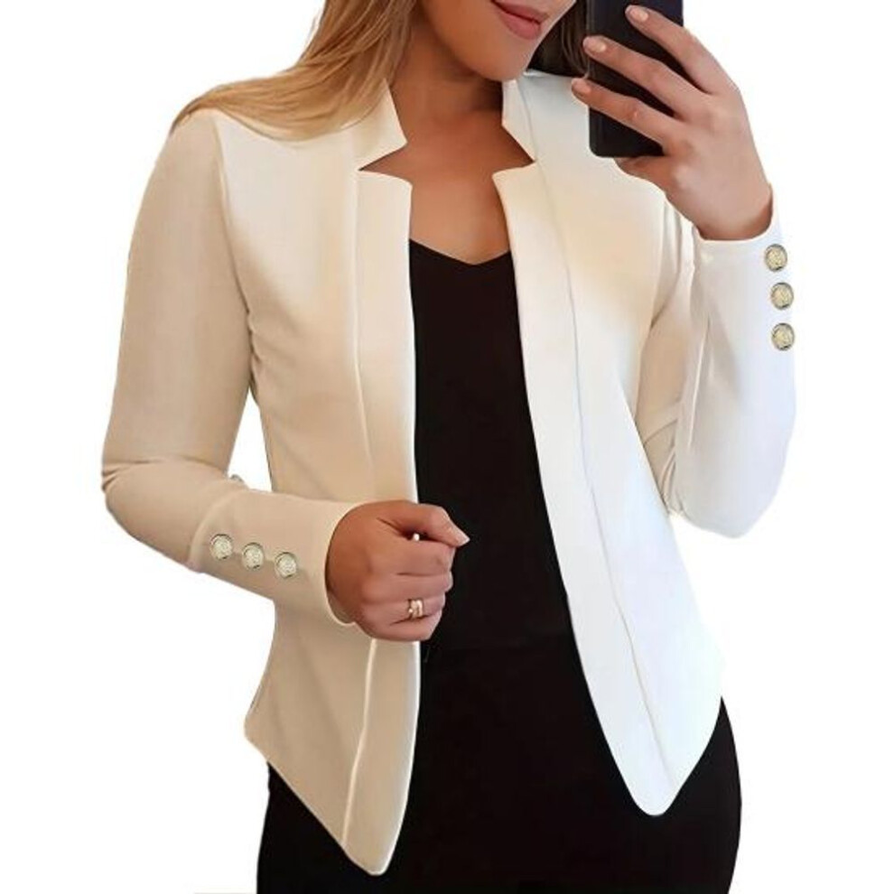 (white, 4XL) Women Spring Autumn Suit Coat Notched Collar Long Sleeve Suit Jacket Slim Fit Open Front Casual Business Cardigan