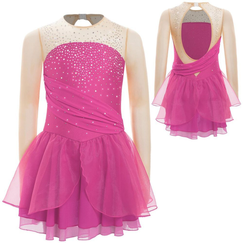 (hot pink, 7-8 Years) Girls Figure Skating Costume Lyrical Ballet Dance Cutout Back Dress Glittery Rhinestones Modern Lyrical Dancewear