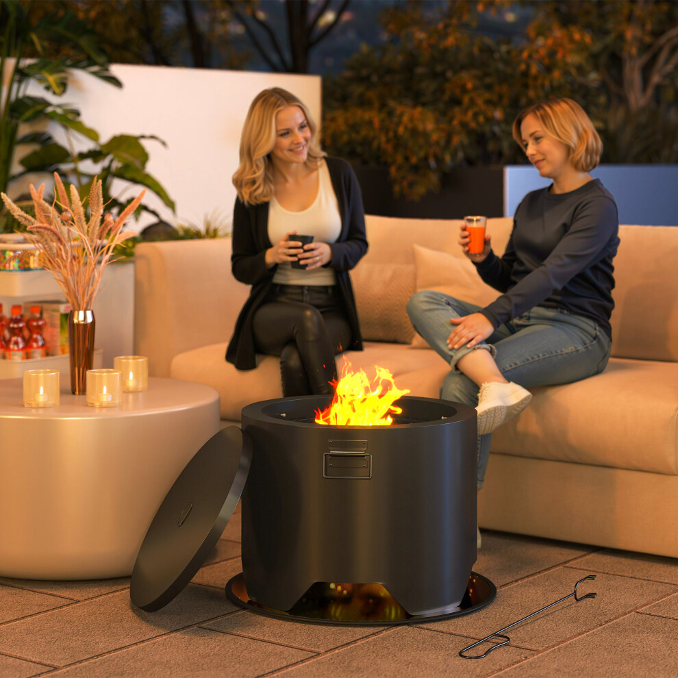 Outsunny Outdoor Round Fire Pit With Lid & Fire Poker | Safe Guard, Stable Base + Floor Mat, Powder-Coat Metal, Wood-Burn, Large Capacity 842-376V00bk