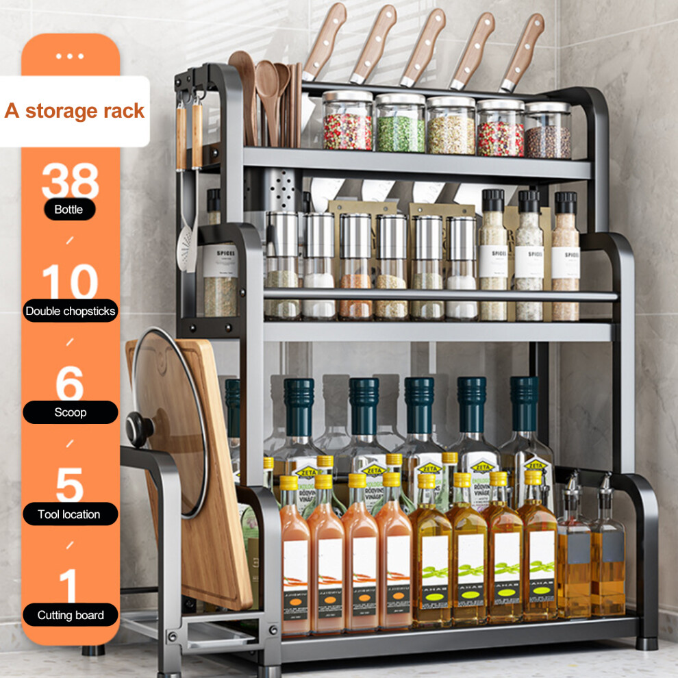 Standing Spice Rack,3-Tier Kitchen Countertop Shelf with Stepped Design,Spice Rack Organizer and Hooks,Utensil Holder,Chopping Board Holder, Black