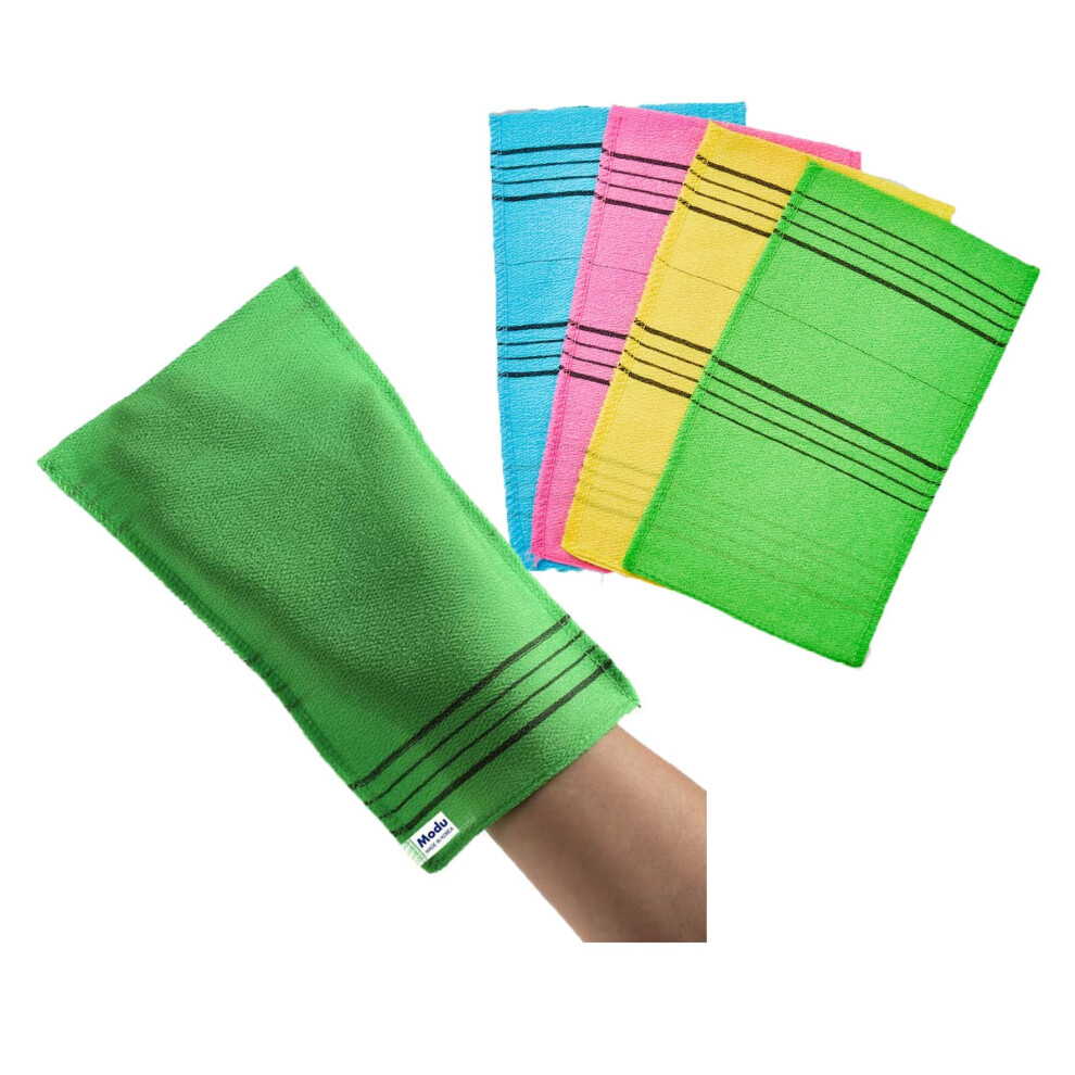 Modu Lot de 4 gants de toilette exfoliants cor   ens 23,1 x 15,2 cm (grand format, vert, bleu ciel, rose, jaune)