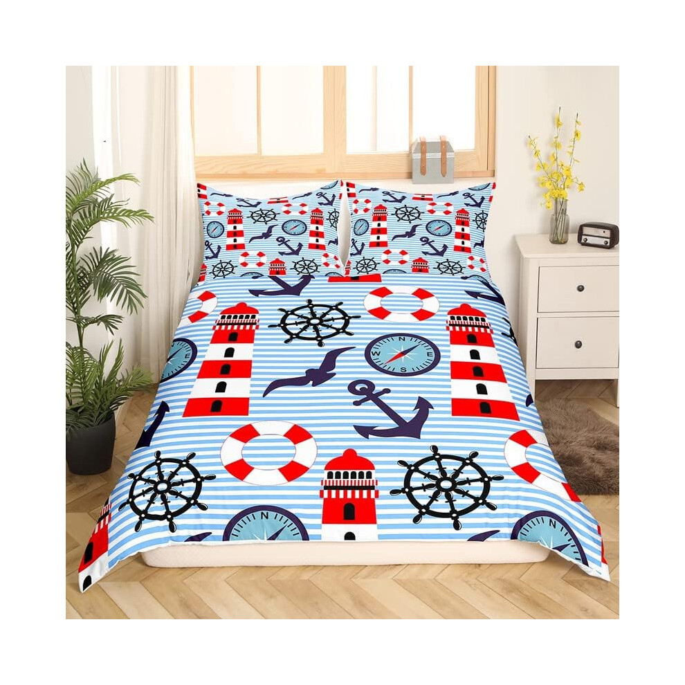 (Multi 07, Double(No Comforter)) Homewish Nautical Comforter Cover For Kids Teens Double,Ocean Ship Anchor Bedding Set Sailboat Rudder Duvet Cover Whi Blue,White