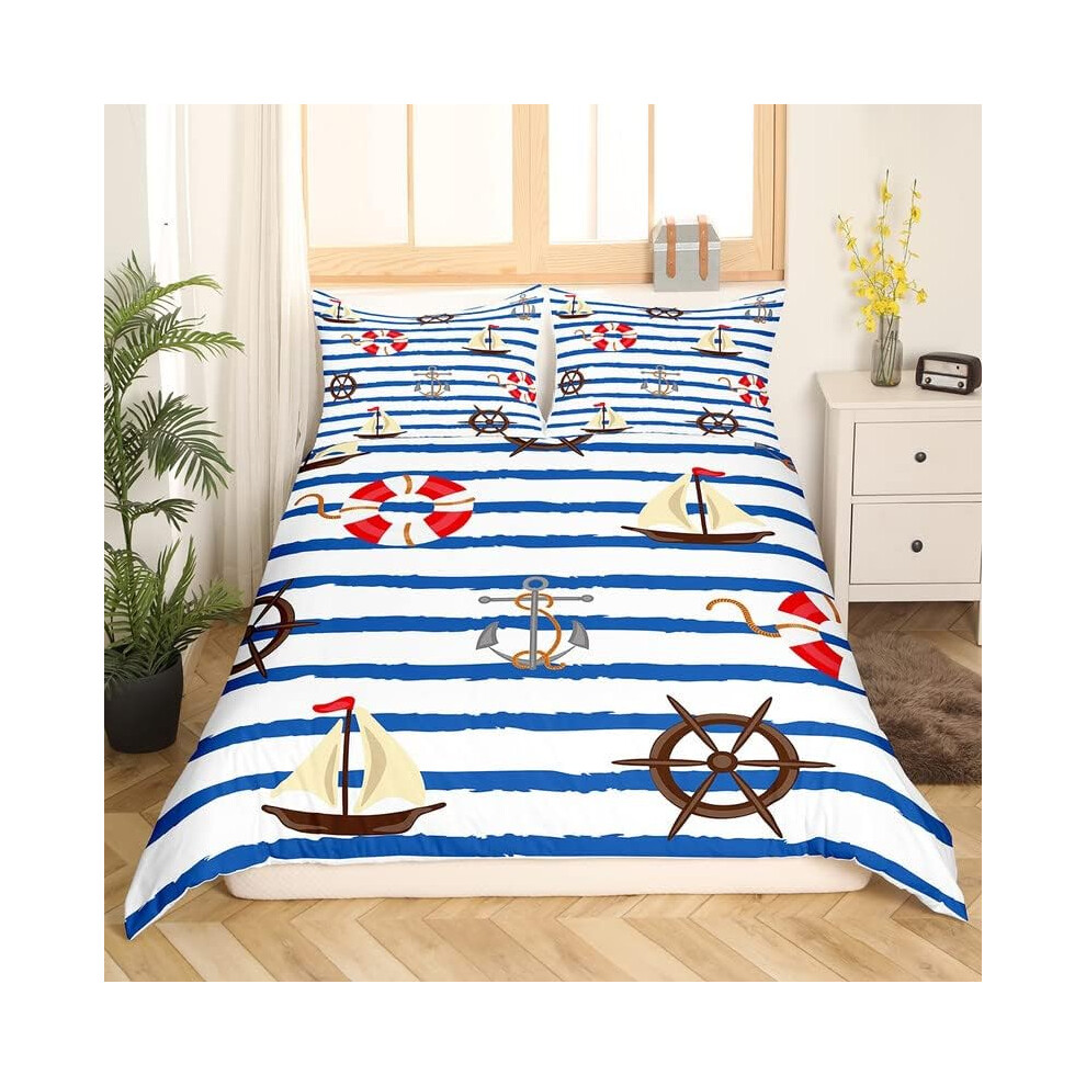 (Multi 10, Double(No Comforter)) Homewish Nautical Comforter Cover For Kids Teens Double,Ocean Ship Anchor Bedding Set Sailboat Rudder Duvet Cover Whi Blue,White