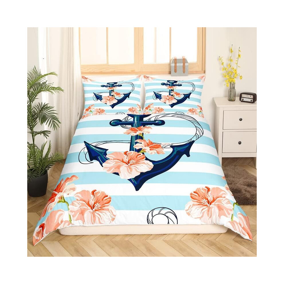 (Multi 12, Double(No Comforter)) Homewish Nautical Comforter Cover For Kids Teens Double,Ocean Ship Anchor Bedding Set Sailboat Rudder Duvet Cover Whi Blue,White