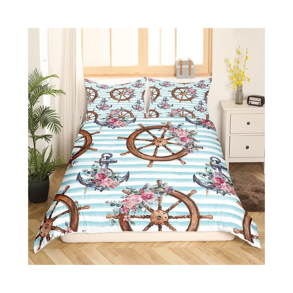 (Multi 14, Double(No Comforter)) Homewish Nautical Comforter Cover For Kids Teens Double,Ocean Ship Anchor Bedding Set Sailboat Rudder Duvet Cover White Navy Blue Striped Bedspread