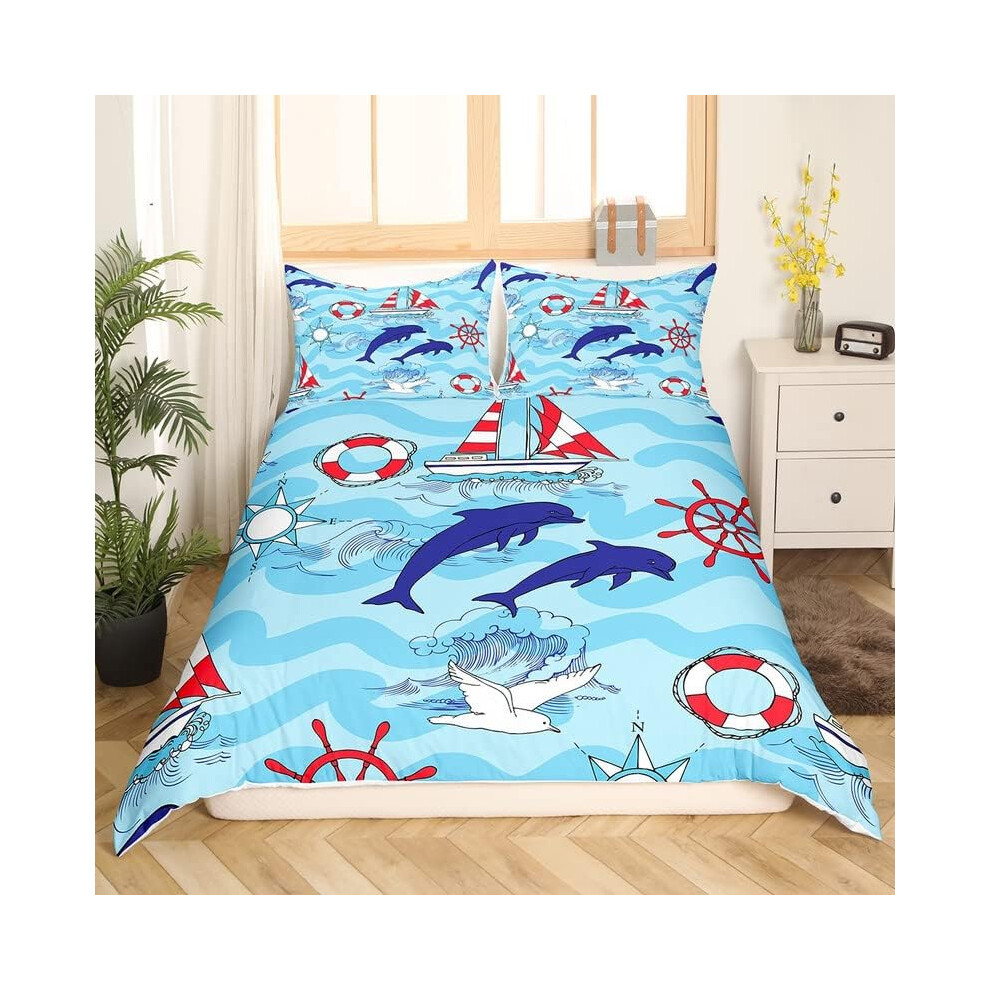 (Multi 16, Double(No Comforter)) Homewish Nautical Comforter Cover For Kids Teens Double,Ocean Ship Anchor Bedding Set Sailboat Rudder Duvet Cover White Navy Blue Striped Bedspread