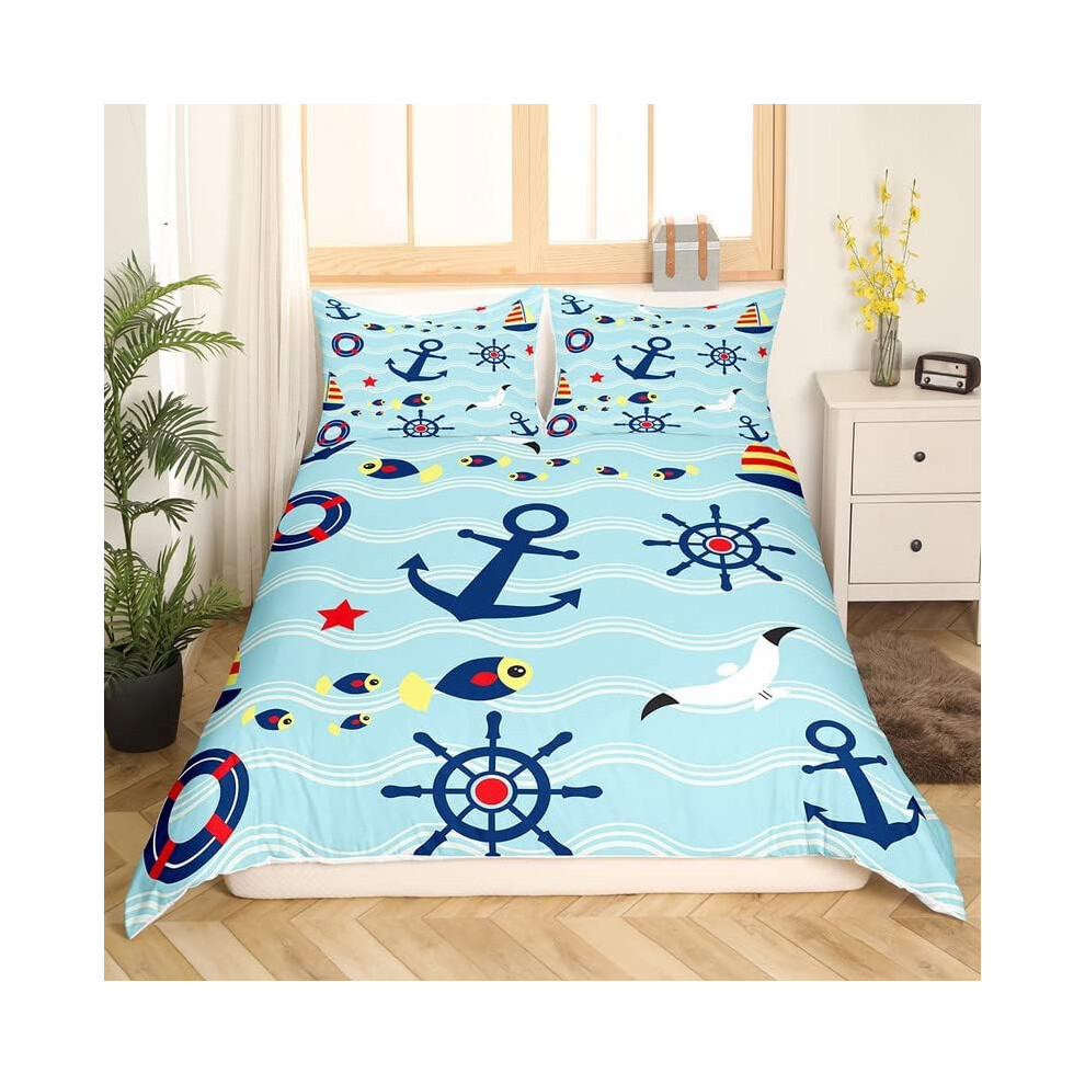 (Multi 20, Double(No Comforter)) Homewish Nautical Comforter Cover For Kids Teens Double,Ocean Ship Anchor Bedding Set Sailboat Rudder Duvet Cover Whi Blue,White