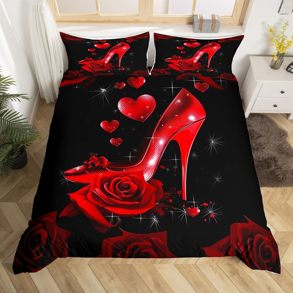(Black Red, Super King(No Comforter)) Homewish Heart Double Duvet Cover Black Love Heart Bedding Set,Geometric Line Decor Comforter Cover Cute Heart B