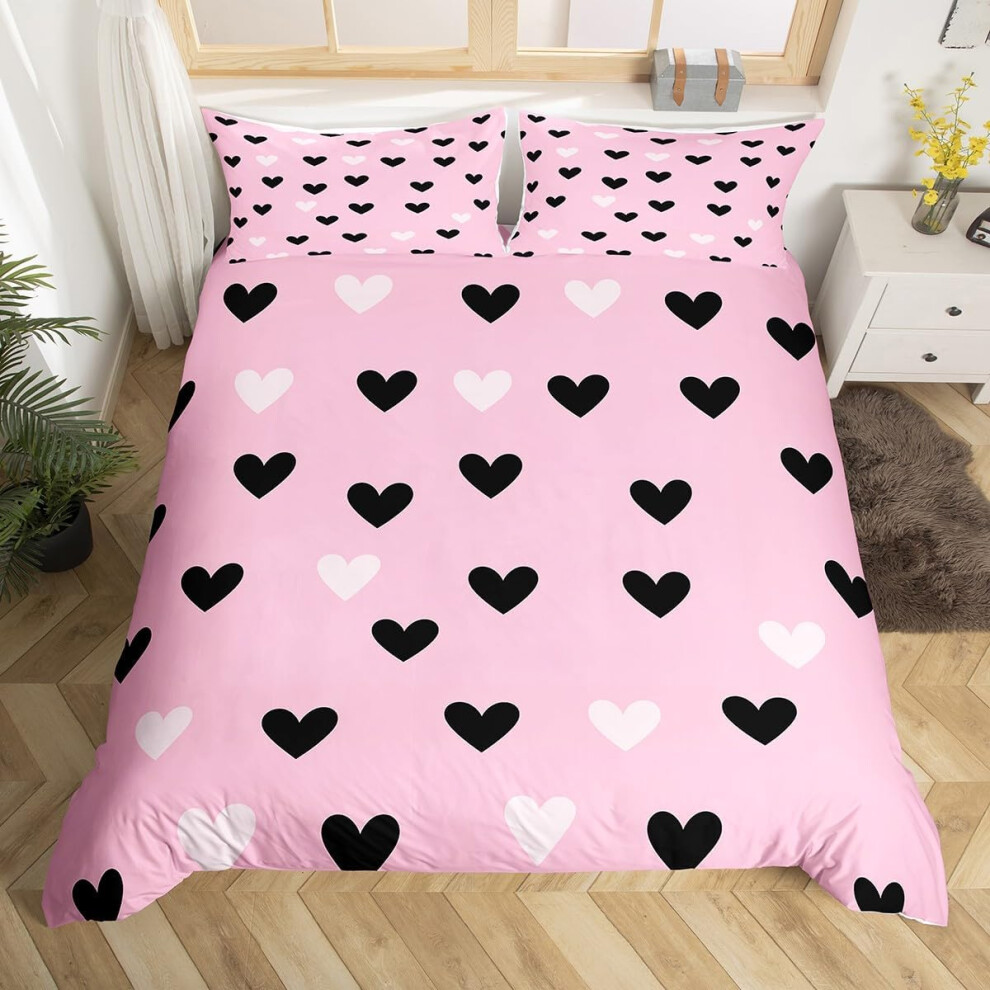 (Pink White, Super King(No Comforter)) Homewish Heart Double Duvet Cover Black Love Heart Bedding Set,Geometric Line Decor Comforter Cover Cute Heart