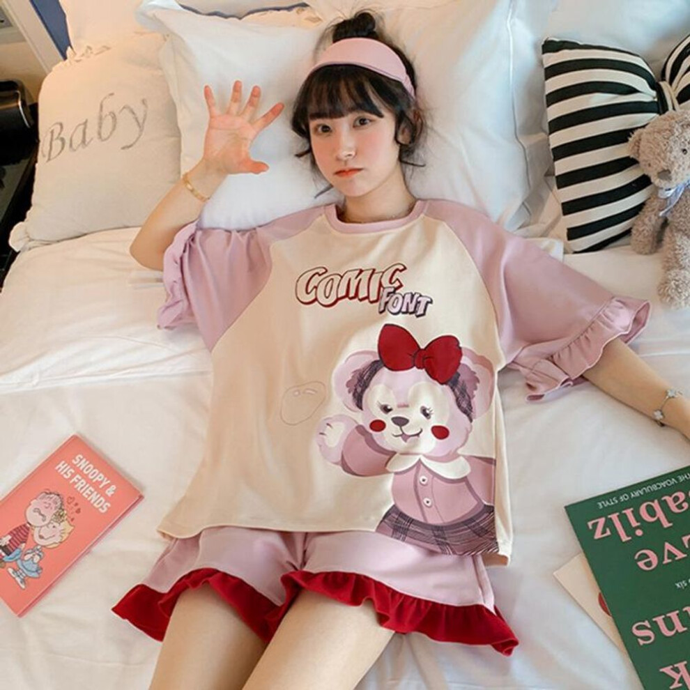 (2XL, purple) 2pcs/set Pajamas Ladies Short-sleeved Loose Version Students  Princess Style Strawberry Dinosaur Kawaii Cute Homewear