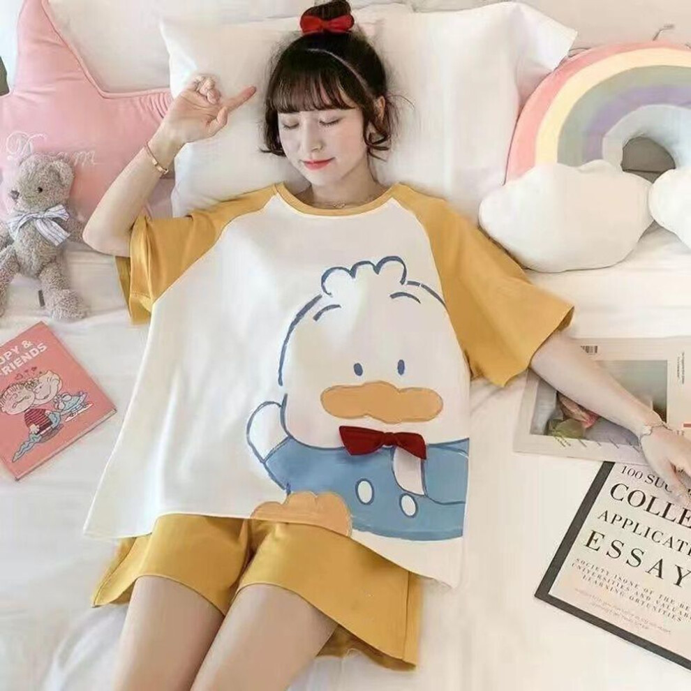 (3XL, yellow) 2PCS/Set Pajamas Ladies Short-Sleeved Loose Version Students  Princess Style Strawberry Dinosaur Kawaii Cute Homewear