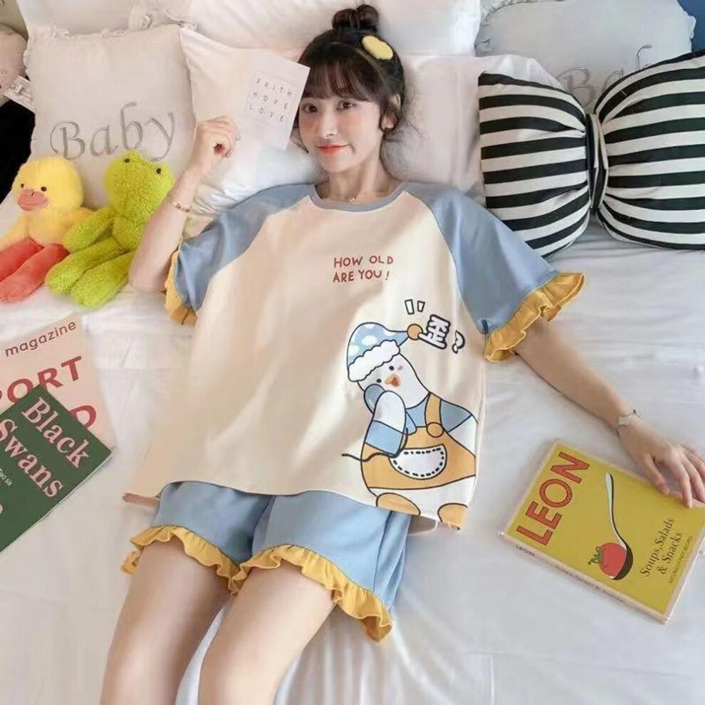 (M, blue) 2pcs/set Pajamas Ladies Short-sleeved Loose Version Students  Princess Style Strawberry Dinosaur Kawaii Cute Homewear