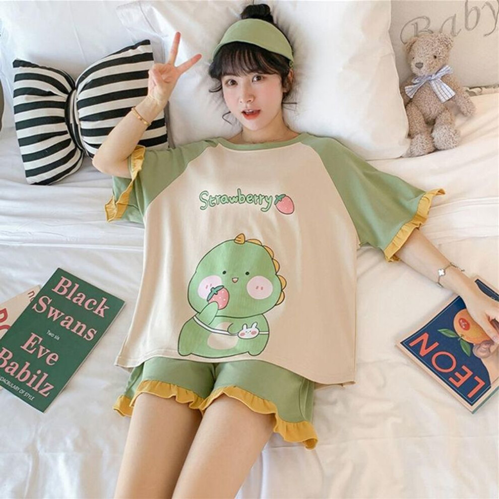 (M, green) 2PCS/Set Pajamas Ladies Short-Sleeved Loose Version Students  Princess Style Strawberry Dinosaur Kawaii Cute Homewear