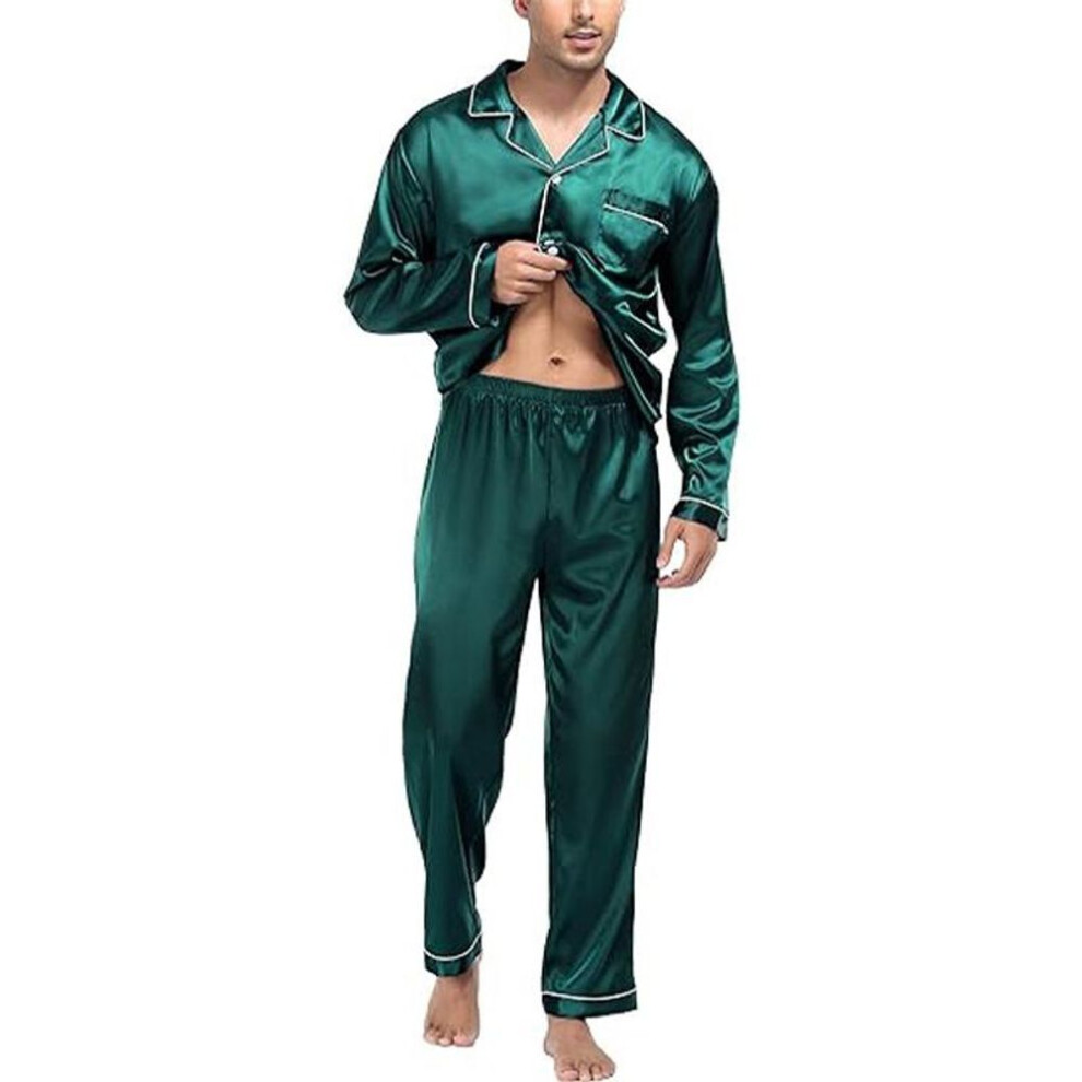(XL, green) 2pcs/set Long-sleeved Pyjamas Men Spring And Autumn Silk Sleepwear Homewear Cardigan Lapel Trousers Nightwear