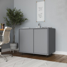 (Grey) 2-Door Sliding Chest Cabinet Closet Storage Cupboard Organiser with Feet