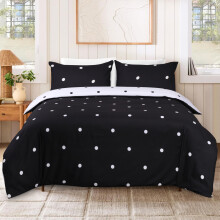 (Black White Dotted , Single) Reversible Microfiber Quilt Duvet Cover Bedding Set Single Double King Super King Size with Pillowcases