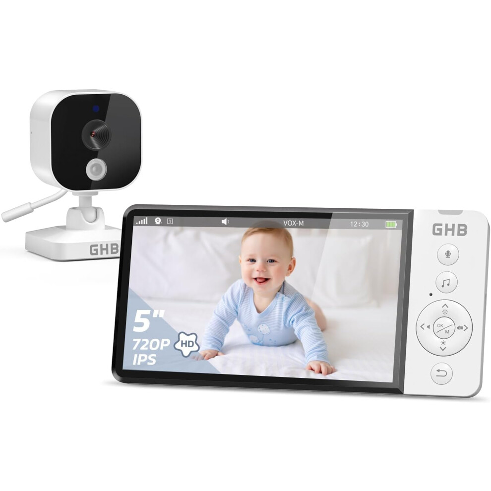 Baby Monitor with Camera and Night Vision 5'' 720P HD 5000mAh Video Baby Monitor Camera IPS Screen, VOX Mode, 2-Way Audio, Temperature Alert