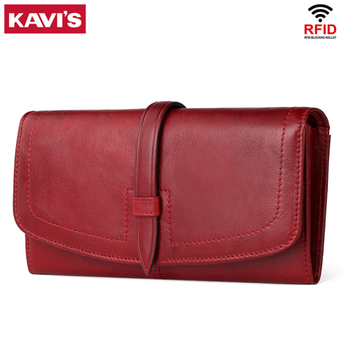 (Red L) Women's Genuine Leather Wallet Classic Long Wallet 1