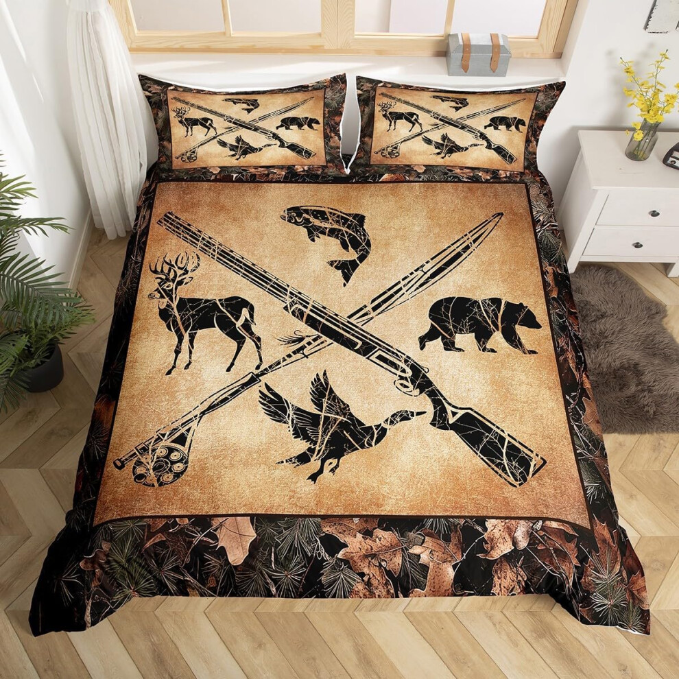 (Beige, Double(No Comforter)) Homewish Rustic Farmhouse Duvet Cover Double Tree Branches Camo Cabin Bedding Set Hunting Animal Mallard Duck Comforter