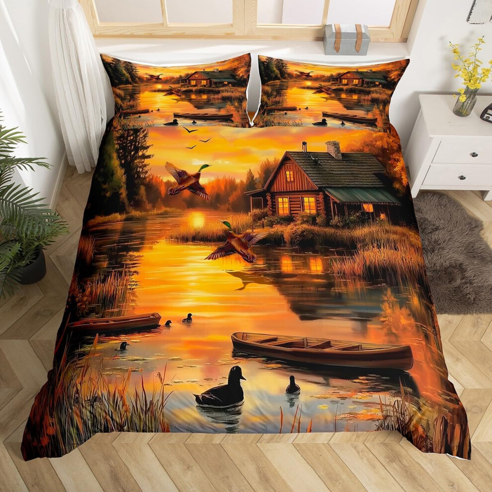 (Brown Orange, King(No Comforter)) Homewish Rustic Farmhouse Duvet Cover Double Tree Branches Camo Cabin Bedding Set Hunting Animal Mallard Duck Comfo