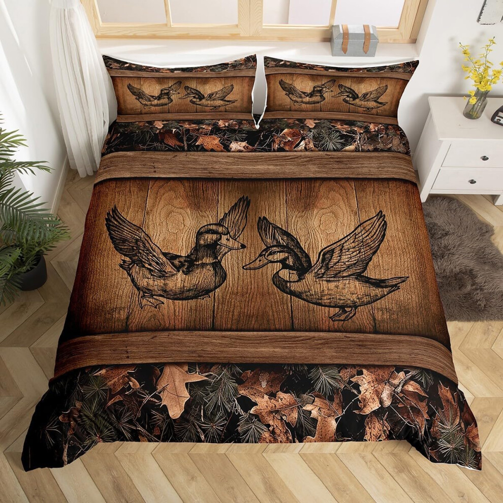 (Dark Brown, Double(No Comforter)) Homewish Rustic Farmhouse Duvet Cover Double Tree Branches Camo Cabin Bedding Set Hunting Animal Mallard Duck Comfo