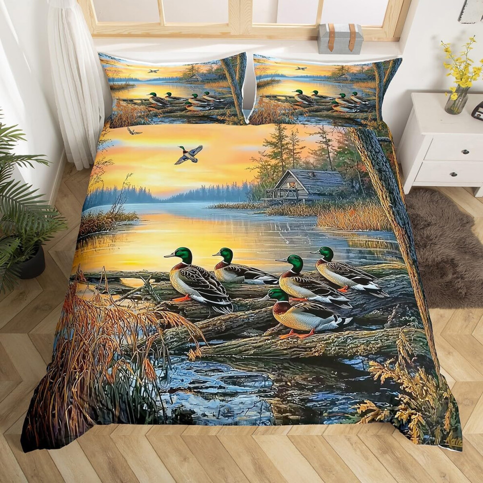 (Orange Brown, King(No Comforter)) Homewish Rustic Farmhouse Duvet Cover Double Tree Branches Camo Cabin Bedding Set Hunting Animal Mallard Duck Comfo