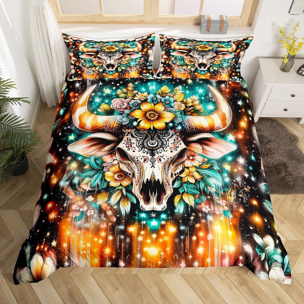 (Golden Green Yellow, Super King(No Comforter)) Homewish Sugar Skull Bedding Set Crow Gothic Comforter Cover Exotic Flowers Double Duvet Cover,Goth Moon Galaxy Rose Bed Set