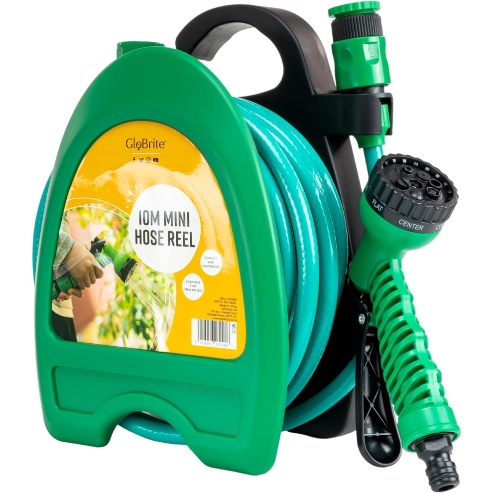 Mini Hose Pipe Reel with 10M / 32 Feet Hosepipes | Garden Hose with Adjustable 7 in 1 , Wall Mount Accessories for Irrigation - Portable for Watering